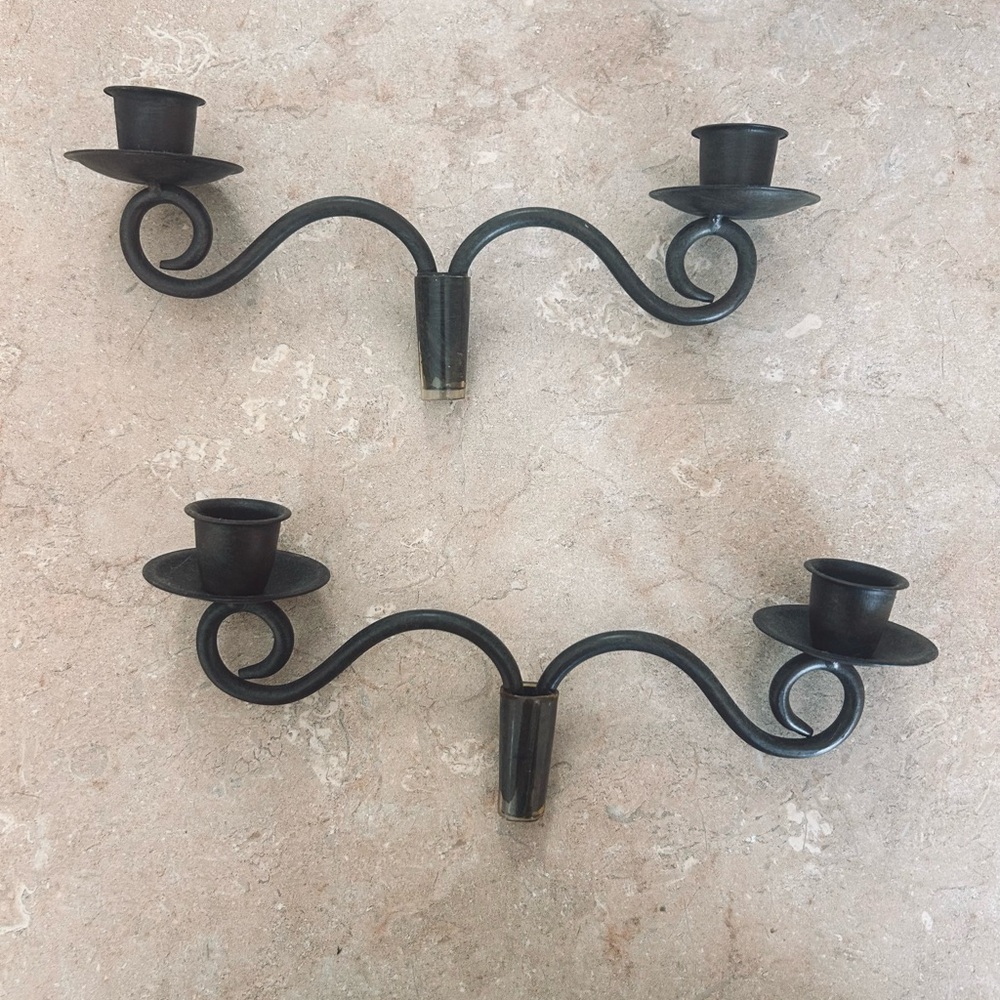 Decorative Black Metal Double-Arm Wall Candle Holders - Pair
